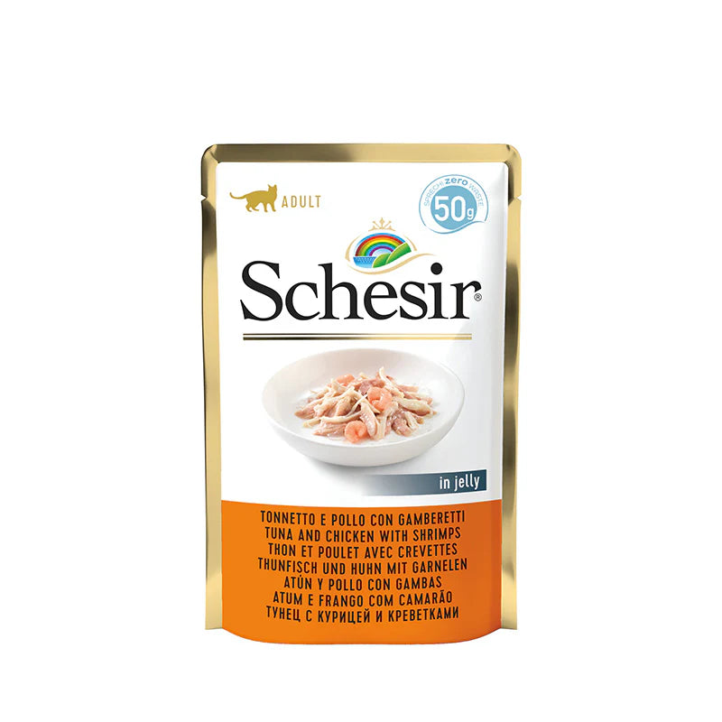 Schesir Tonnetto e Pollo con Gamberetti in Gelatina 50 g Schesir Tonnetto e Pollo con Gamberetti in Gelatina 50 g